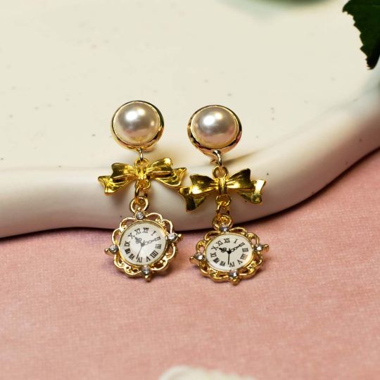 Clock and Bow Drop Earring