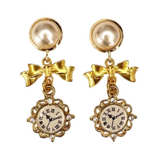 Clock and Bow Drop Earring